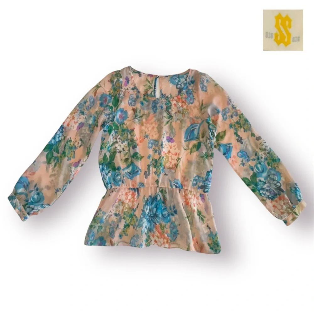 🛍️SALE🛍️ Sis Sis Sheer Long Sleeve Floral Peplum Waist Blouse - Picture 4 of 7